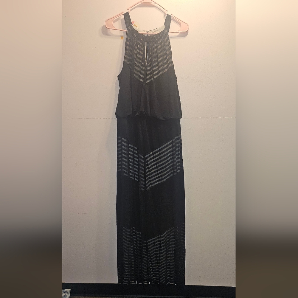London Times Black Sheer Stripe Maxi Dress with Neutral Lining